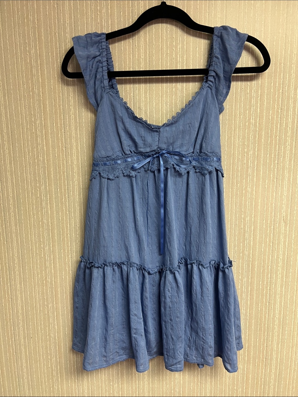 NWOT S Altar'd State Light Blue Tiered mini Sundress w Ribbon and smocked back
